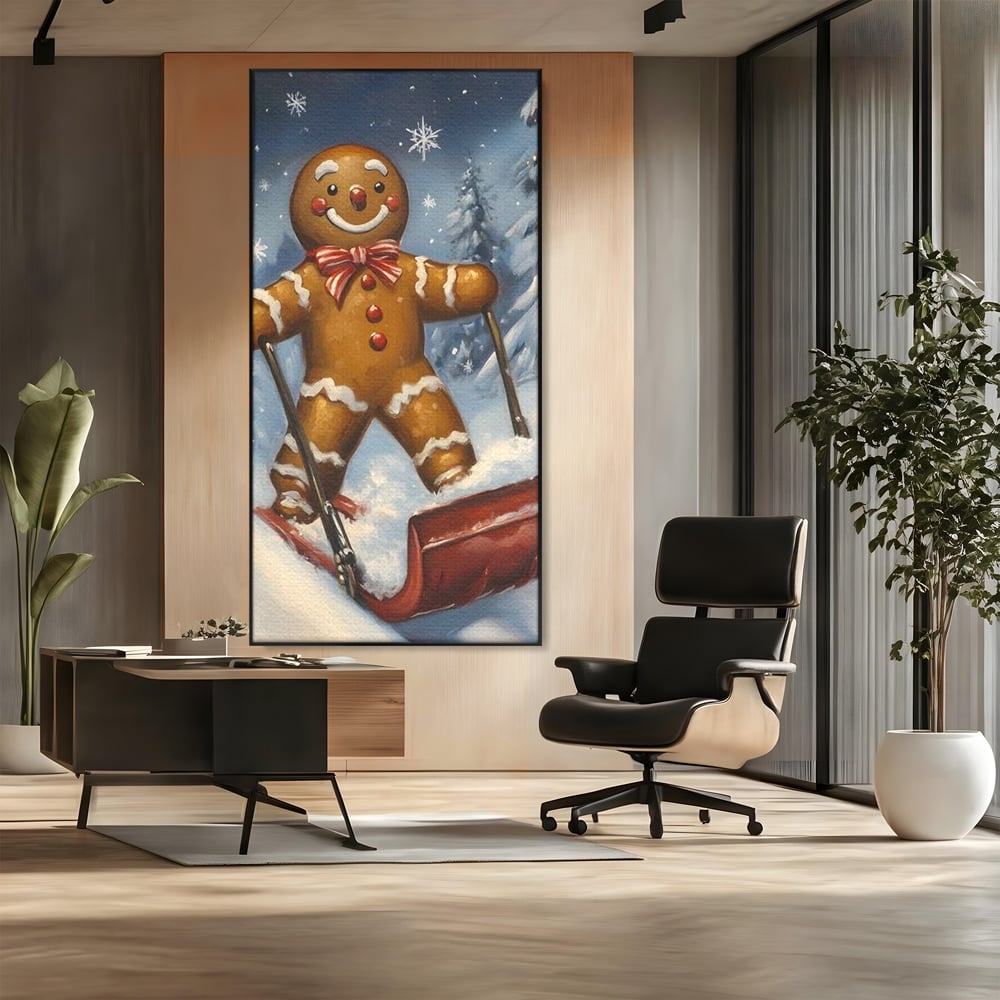 Tablou canvas cu ilustratie omulet turtita pe sanie, in rama de aluminiu negru, pe perete intr-un birou